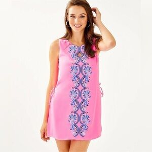 Lilly Pulitzer Pink Sleeveless Shift Dress with Blue Embroidery